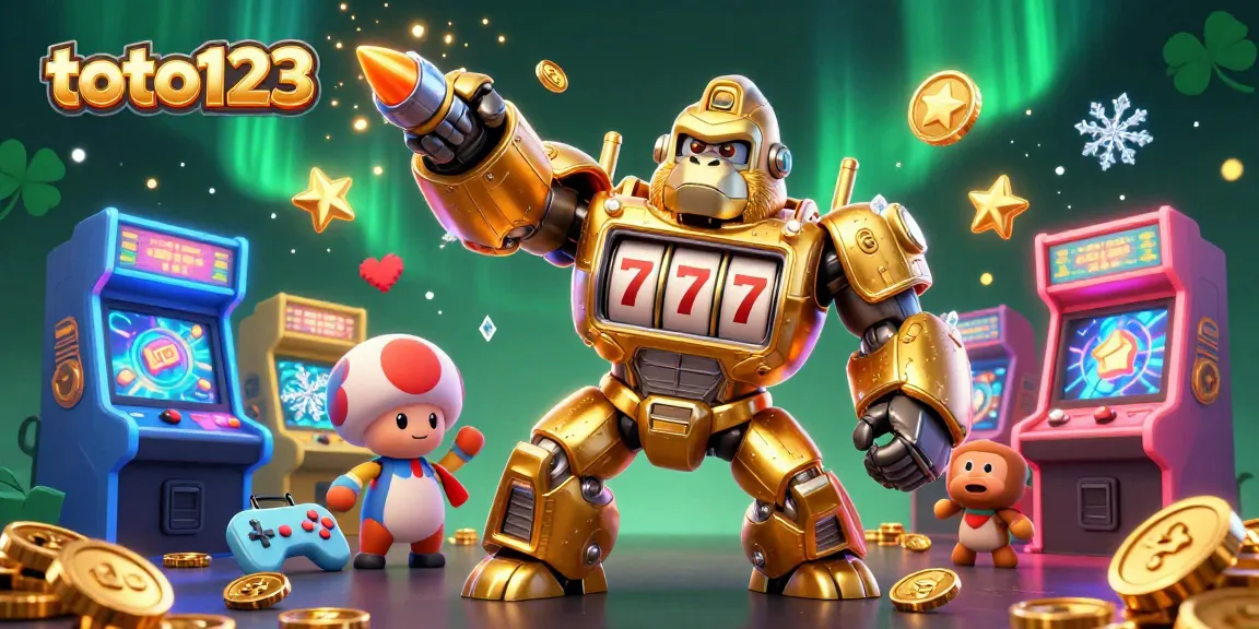 Toto123 players engage with a vibrant 3D casino scene featuring a golden gorilla mech and arcade games bursting with fun.