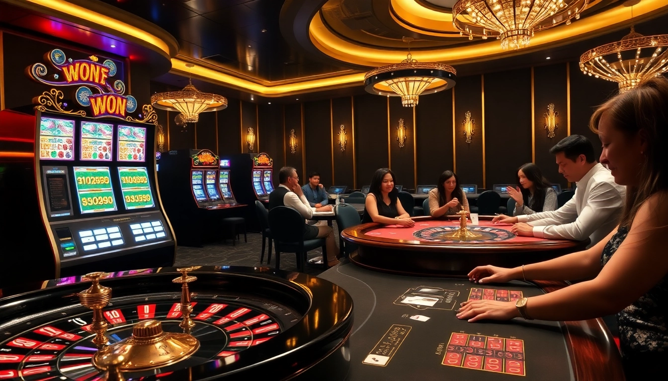 Engage in thrilling casino games at du88, showcasing luxurious tables and vibrant slot machines.