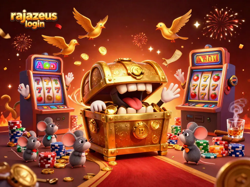 Permainan slot RajaZeus login menampilkan karakter ilustrasi 3D dengan harta karun menggiurkan dan elemen kasino menarik.