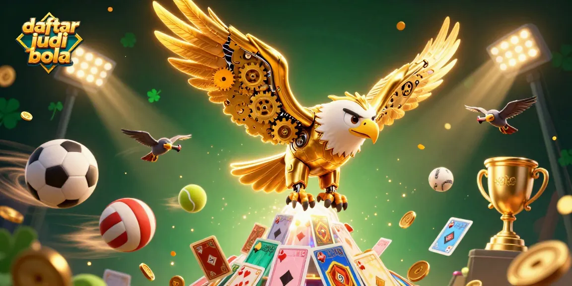 Engage in daftar judi bola with a cybernetic eagle and dynamic sports elements illustrating high-energy betting action.