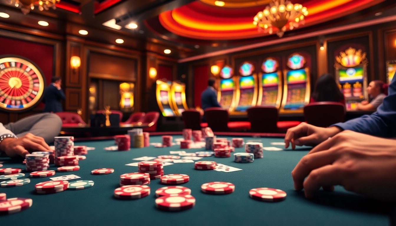 Experience thrilling gameplay at https://mm88.nl/ with vibrant casino elements like poker chips and roulette wheels.