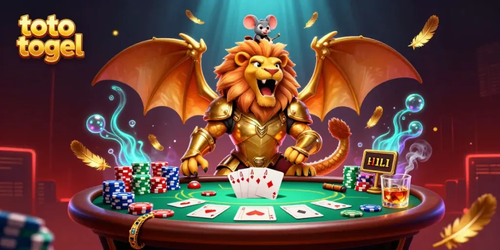 Experience thrilling action in toto togel with a legendary chimera and poker scene, showcasing dynamic game elements.