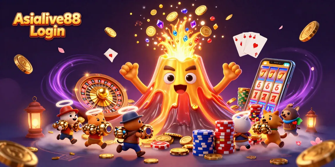 Join the excitement with Asialive88 Login, featuring a golden volcano eruption of treasure and casino elements.