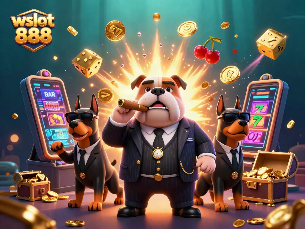 Visualisasi menarik wslot 888 dengan karakter kasino dan mesin slot yang mendebarkan.