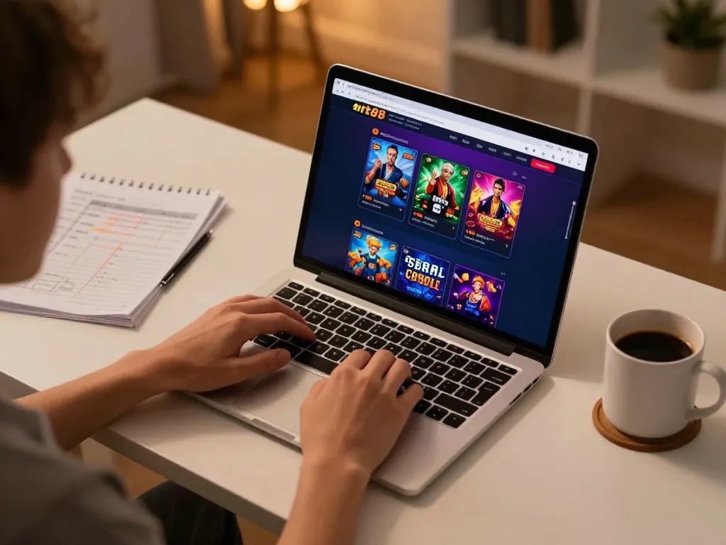 Engaged player exploring tr88 casino on a laptop, showcasing online gambling strategy.