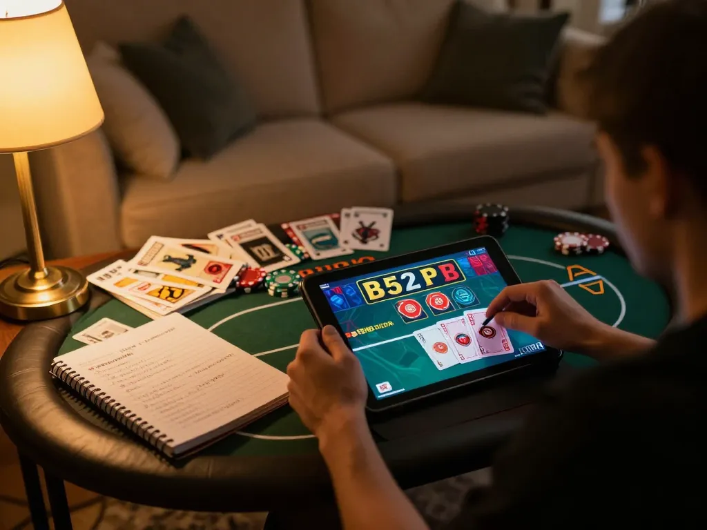 Người chơi B52club đang tận hưởng poker trực tuyến với máy tính bảng trong không gian ấm cúng tại nhà