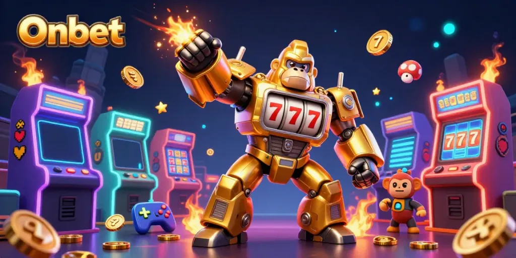 Engage with Onbet’s vibrant casino world featuring a golden gorilla mech, colorful arcade machines, and jackpot excitement.