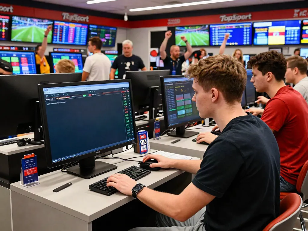 Excited bettor analyzing live football match at TopSport terminal, showcasing sports betting culture on statymuzona.lt