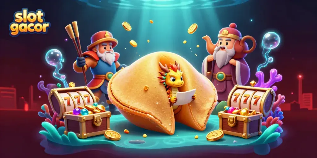 Experience thrilling slot gacor action with golden fortune cookie and colorful gems in a vibrant casino scene.