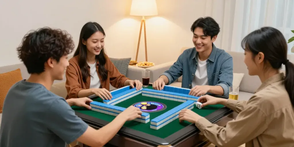 Teman-teman sedang bermain permainan mahjong slot dengan seru di ruang tamu yang hangat.