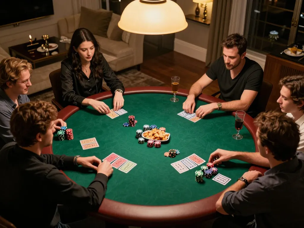 zx88 players strategizing during a thrilling home poker night, showcasing competitive atmosphere and vibrant details.