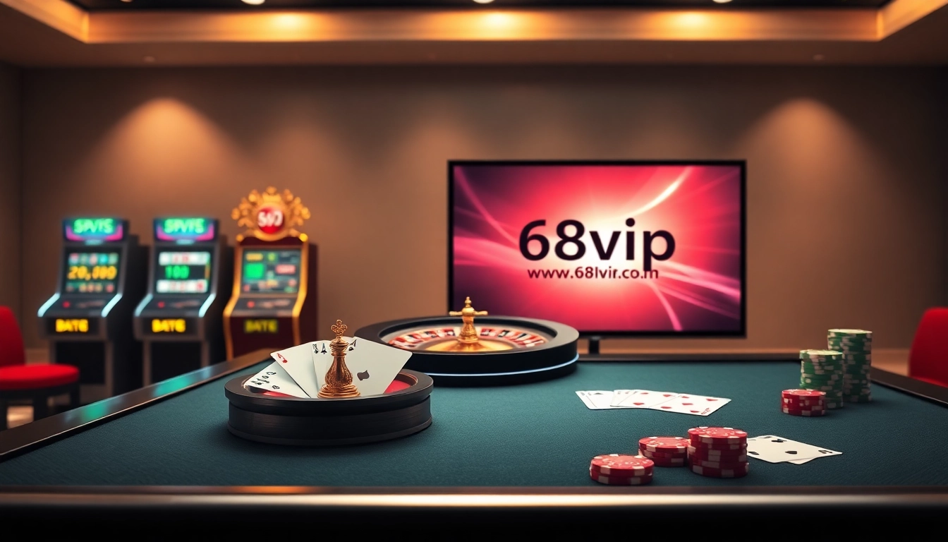 Engaging scene at https://68vip.tech/ showing vibrant slot machines and a roulette wheel, inviting online gamblers.