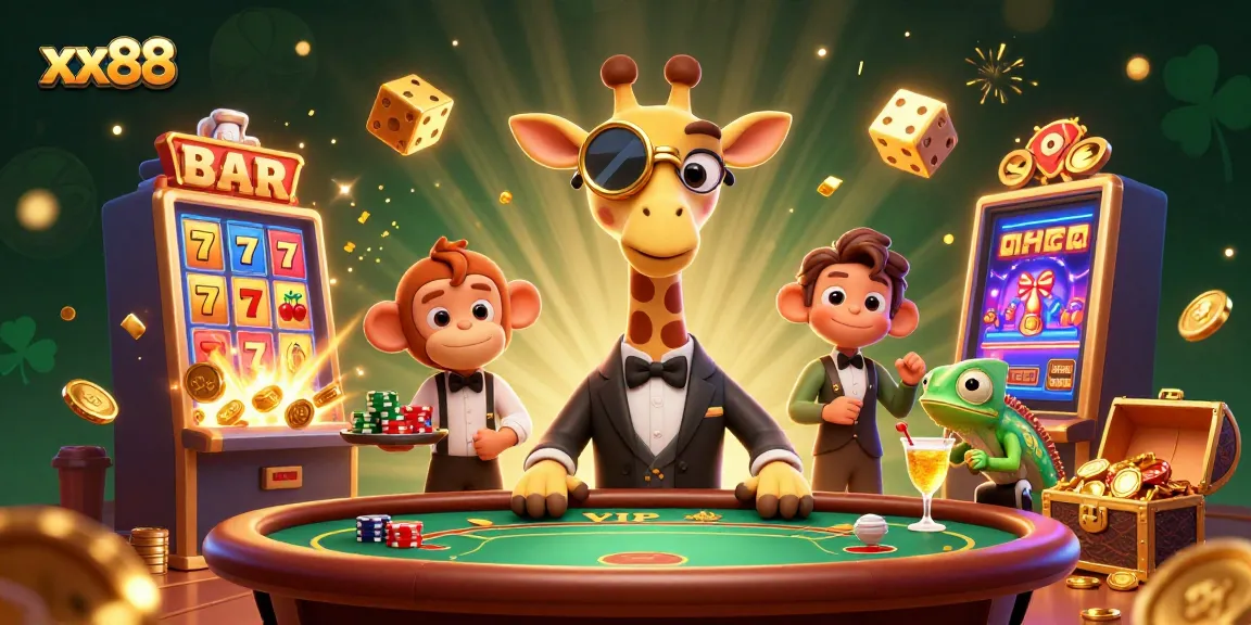 Experience the excitement of xx88 online gambling with a vibrant 3D casino illustration showcasing a high-roller giraffe.