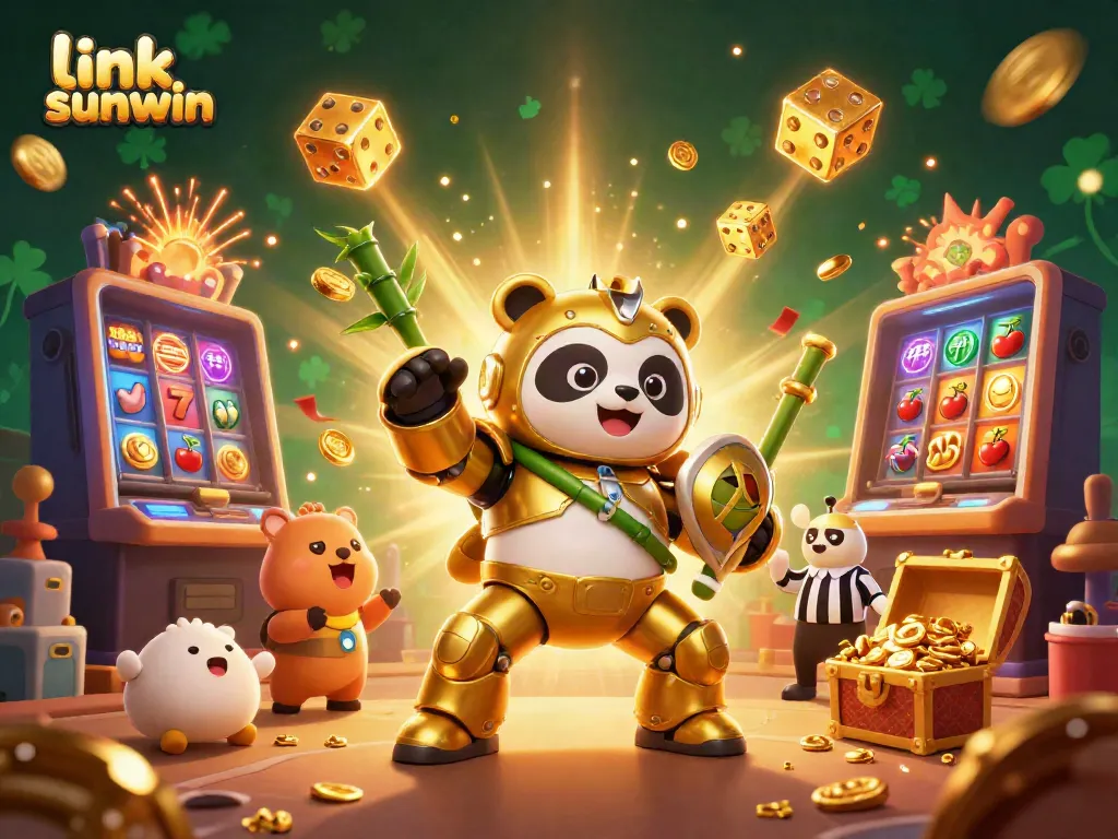 Win big with link sunwin in this vibrant 3D casino scene featuring a golden panda mech.