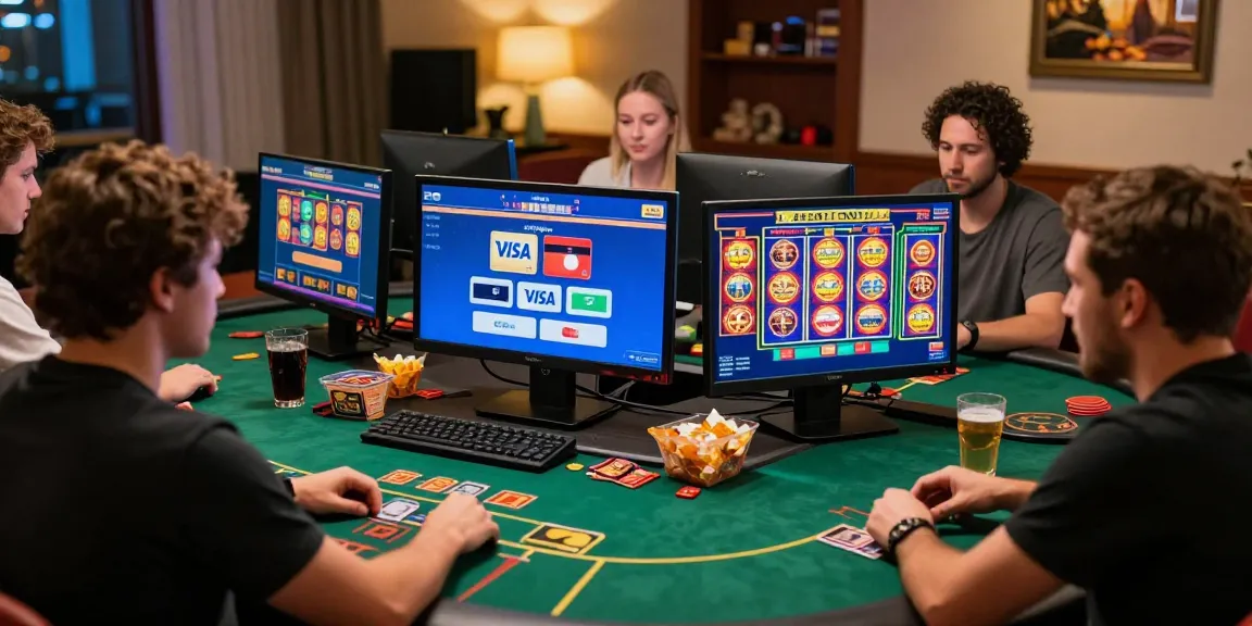 Excited players enjoying online games at credit card casinos from https://thegbhouse.co.uk/ featuring vibrant graphics and cozy home atmosphere.