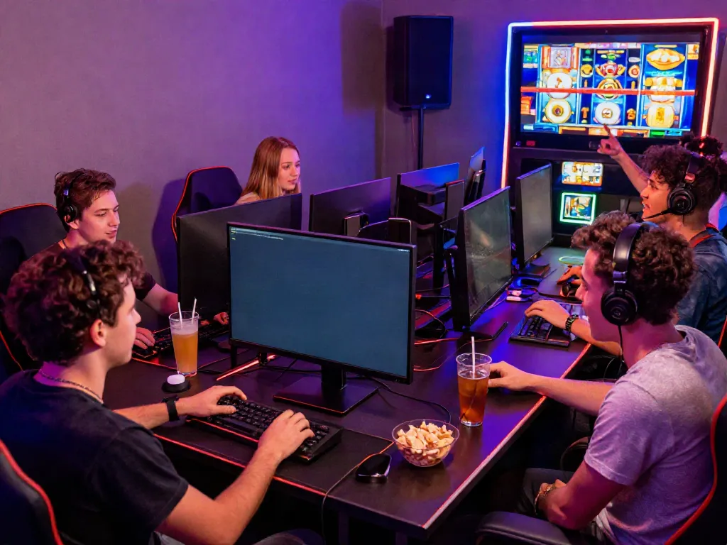 Friends enjoying slot games in a vibrant online gaming environment.