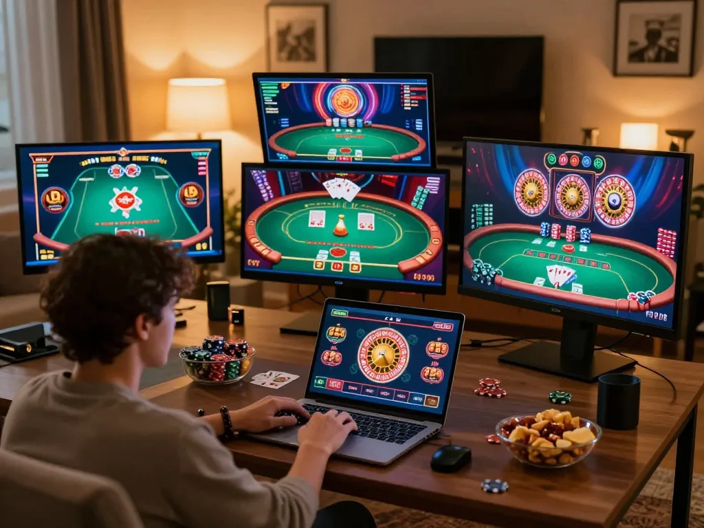 Player strategizing for online casino games on laptop while sipping coffee at home, focusing on lsa.