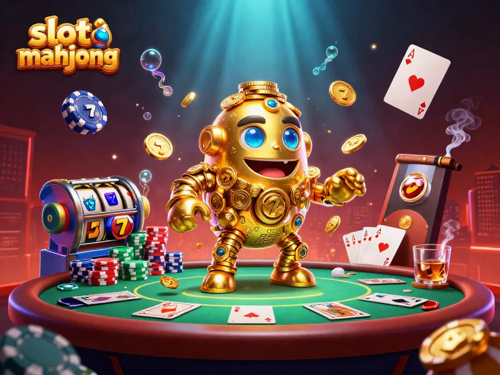 Experience immersive gameplay with slot mahjong featuring a dynamic golden golem, colorful slot reels, and vibrant poker elements.