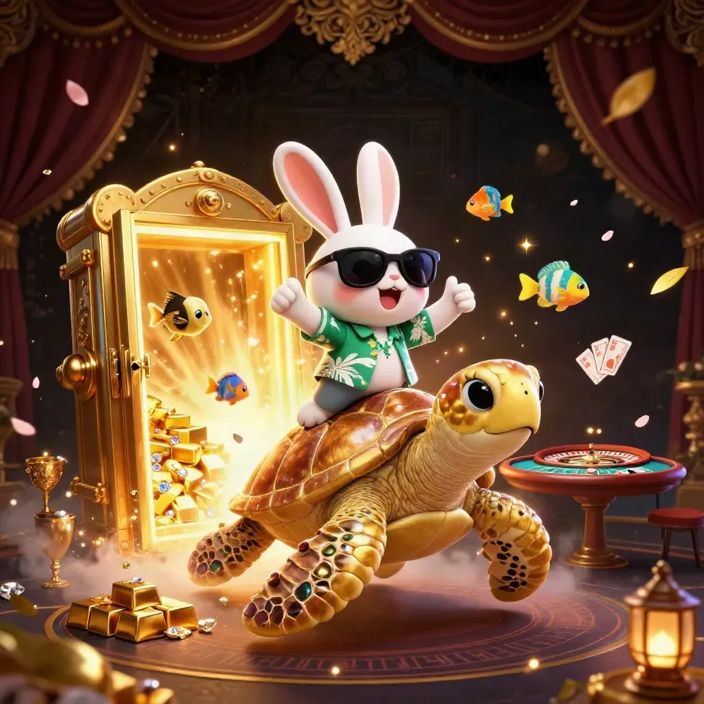 Lucky rabbit rides a golden sea turtle through treasure light, casino relics, and falling petals.