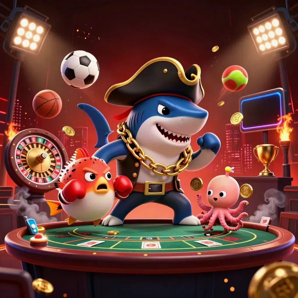 Pirate shark, pufferfish, and octopus amid casino lights, gold, sports balls, and treasure.