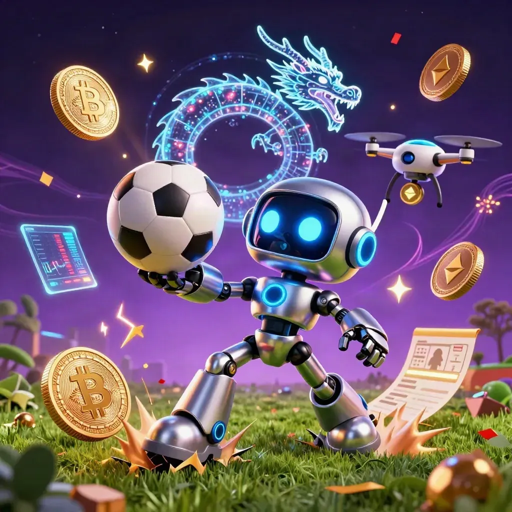 Cyberpunk robot, holographic dragon, drone, coins, balls and sparks in a dark casino sports scene.