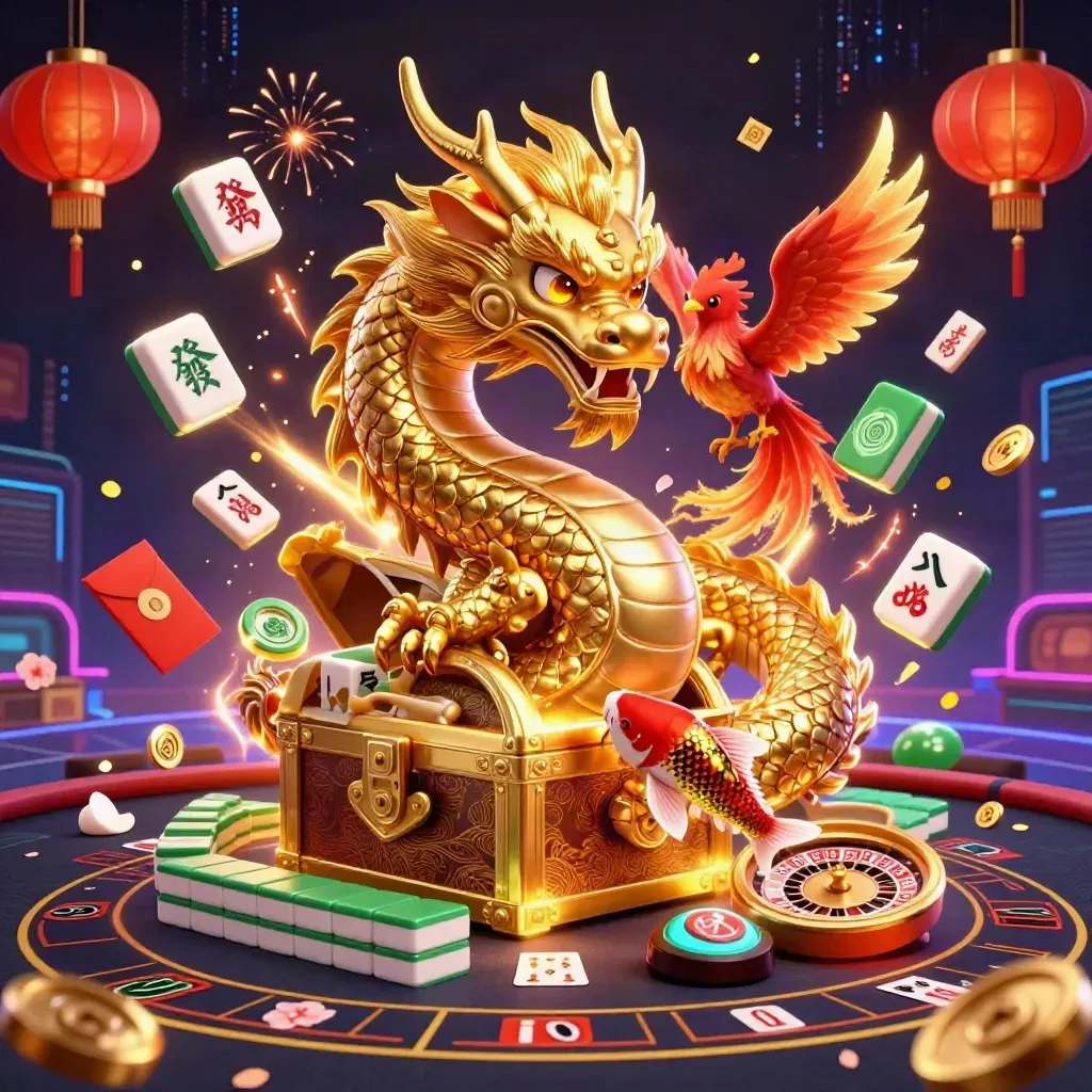 Golden dragon with phoenix and koi amid casino treasures, lanterns, coins, and neon glow