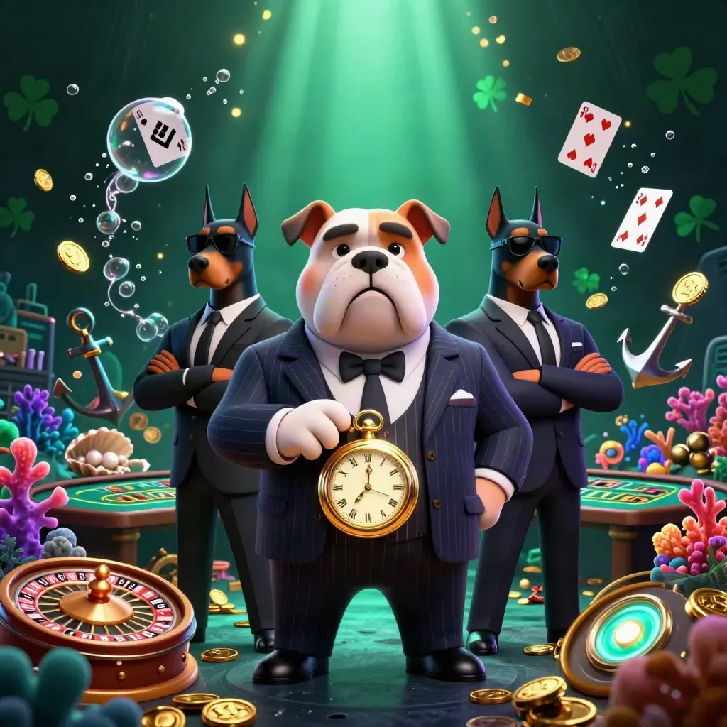 Bulldog boss and Dobermans amid treasure coins, coral, bubbles, and casino glow.