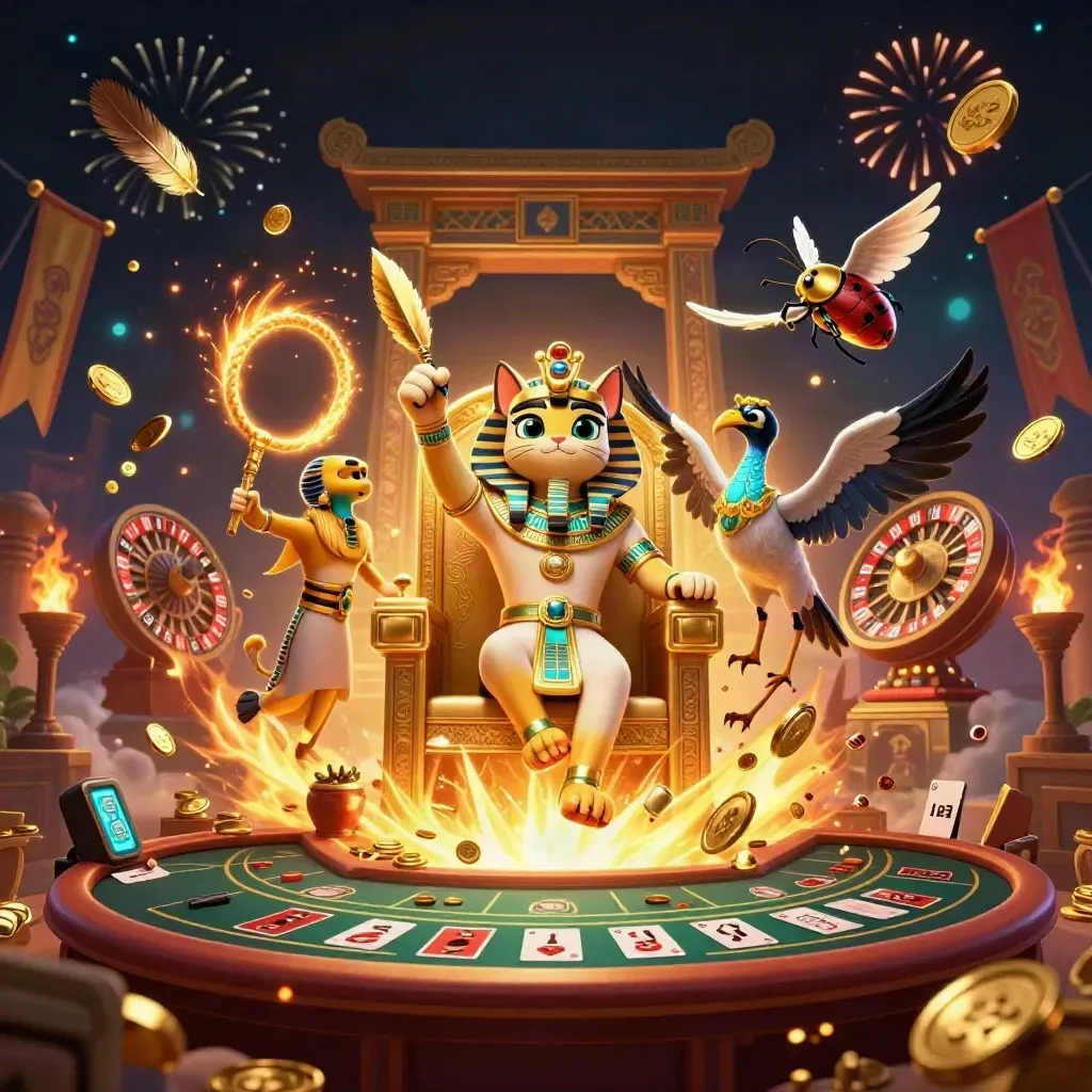 Pharaoh cat, ibis scribe and scarab beetles amid treasure bursts in a dark casino fantasy