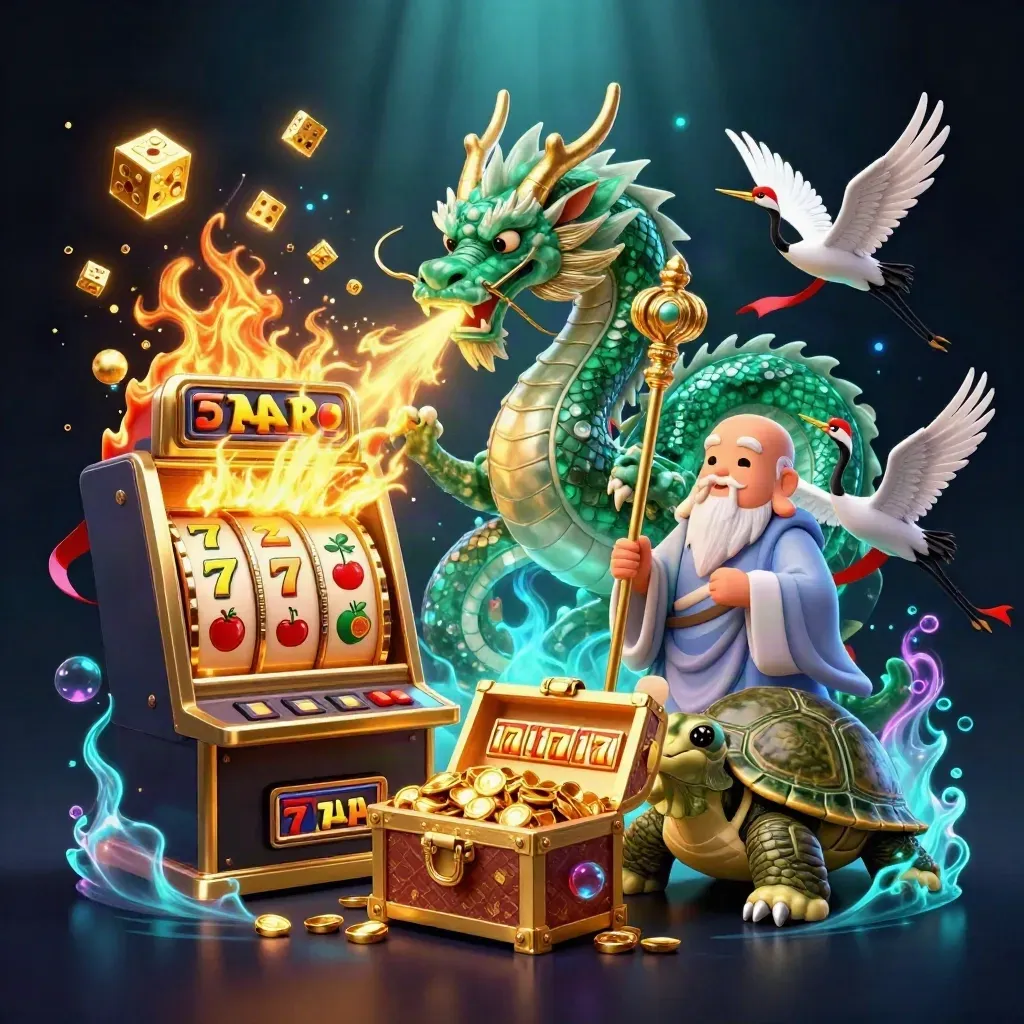 Emerald dragon, turtle sage, cranes, slots, dice, and treasure bursting in luxe casino glow
