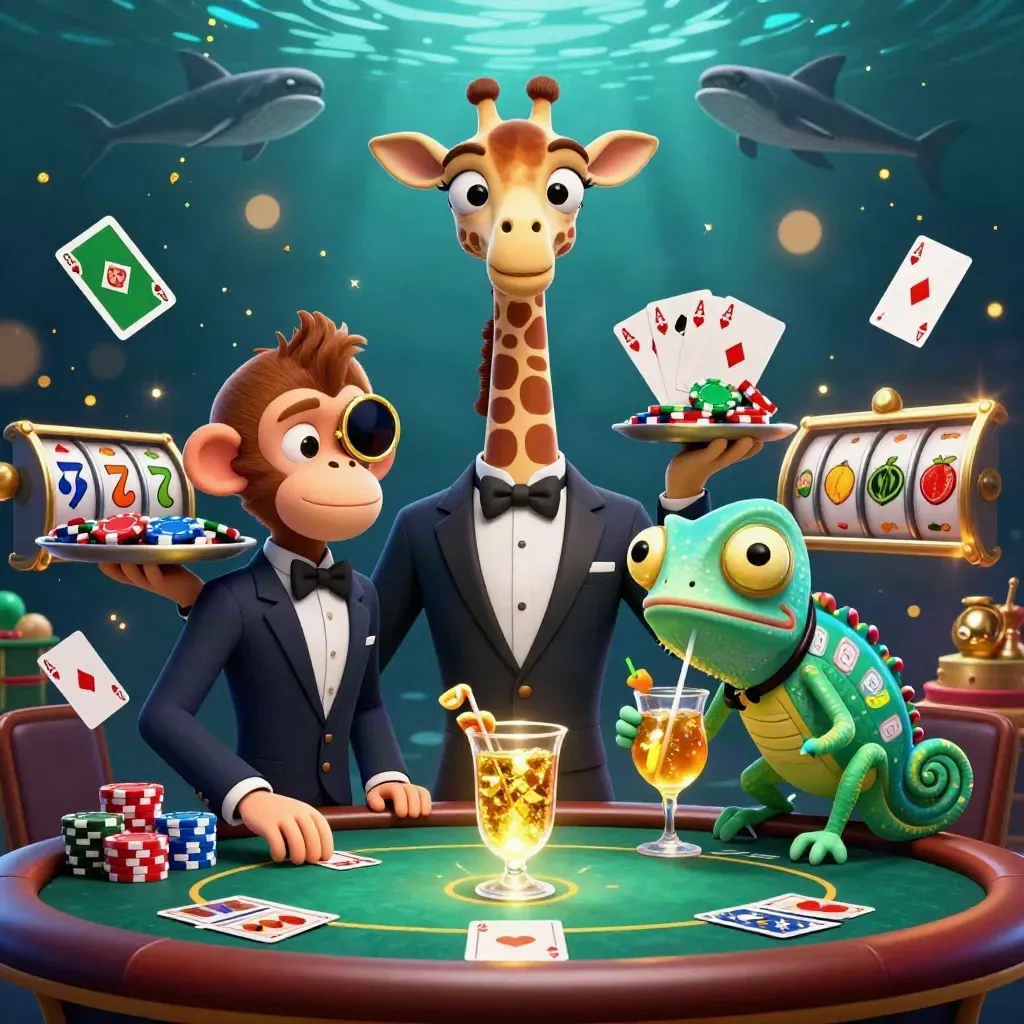 Giraffe, monkey, and chameleon at a poker table with chips, cards, and mint casino glow.