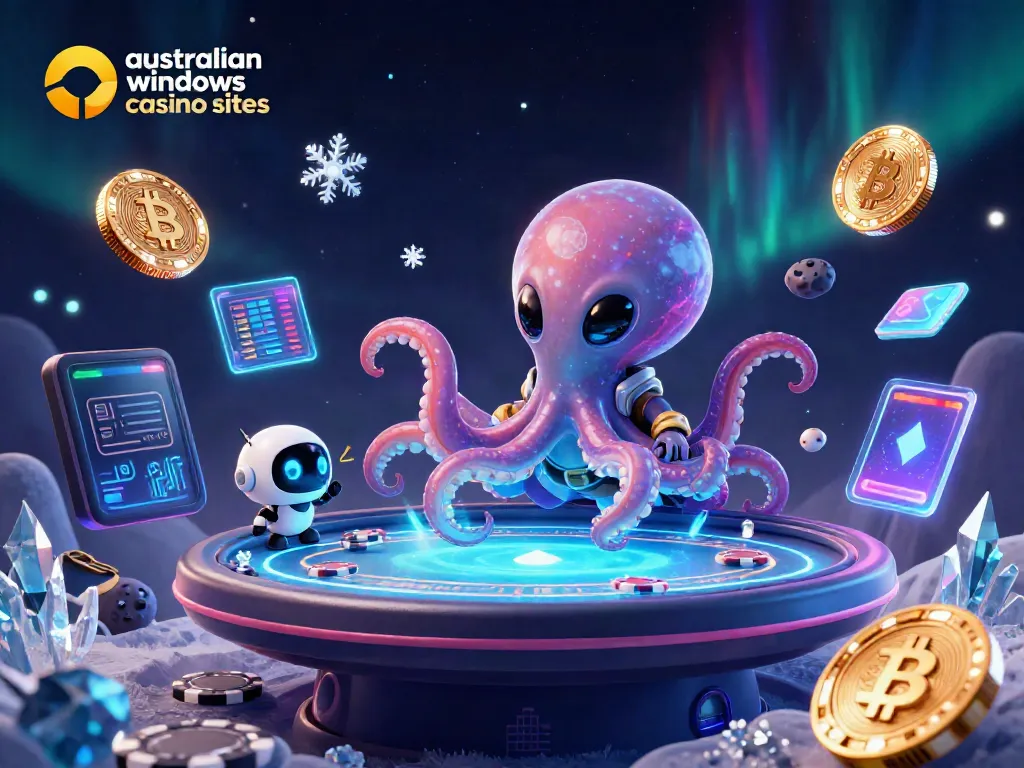 Engage with australian windows casino sites through a vibrant, dynamic 3D illustration showcasing an alien octopus at a poker table.