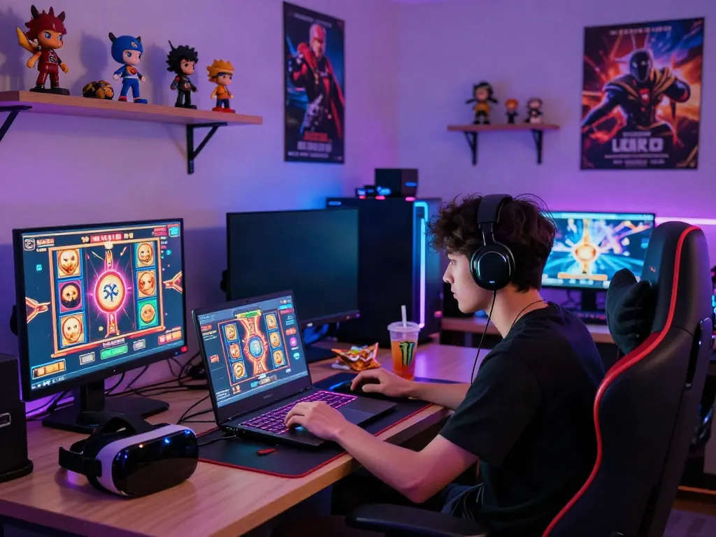 Intense gaming experience with akunjp at a vibrant setup showcasing slot machine graphics