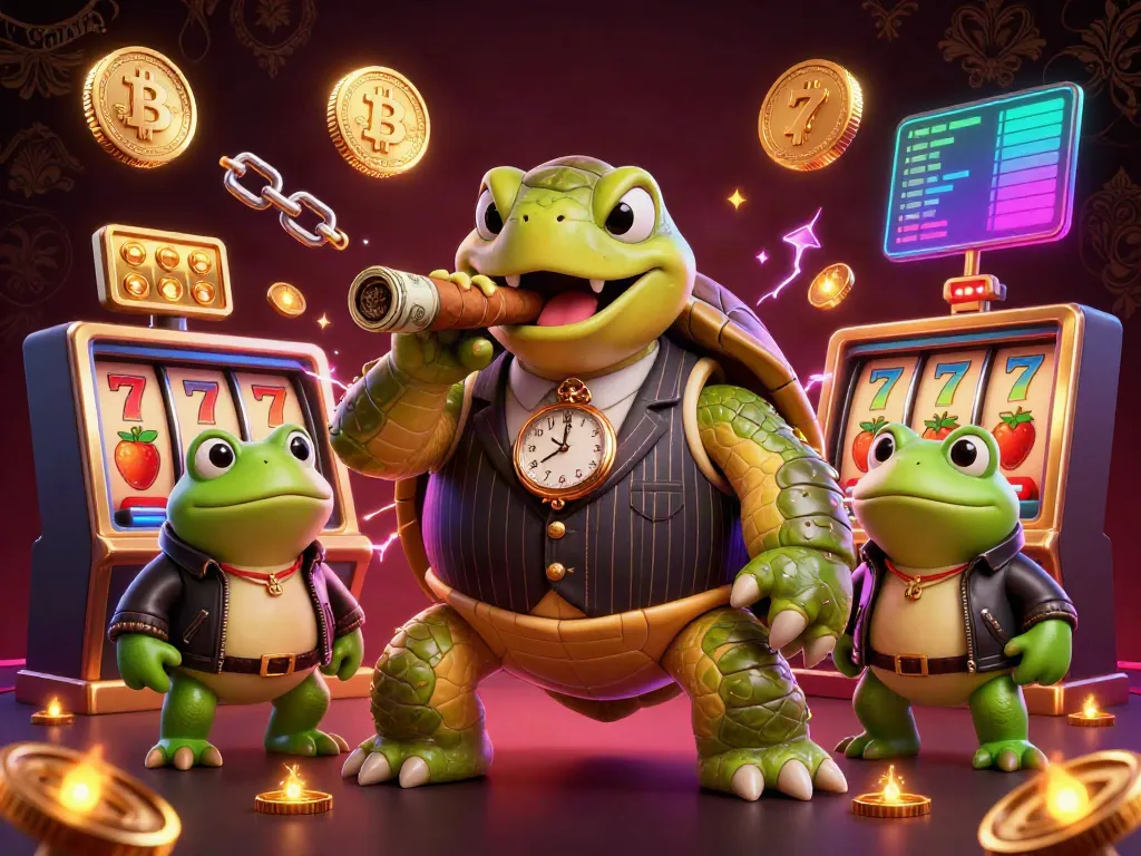 Engage in exciting casino action with sunwin. featuring a cartoon turtle, bullfrogs, and vibrant slot elements.