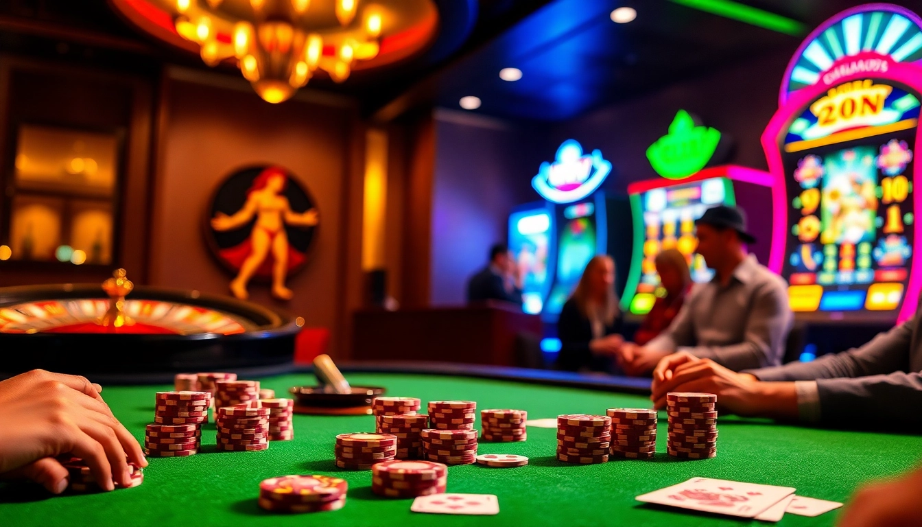 Gamble with excitement at Okfun's luxury casino showcasing poker chips and a spinning roulette wheel.