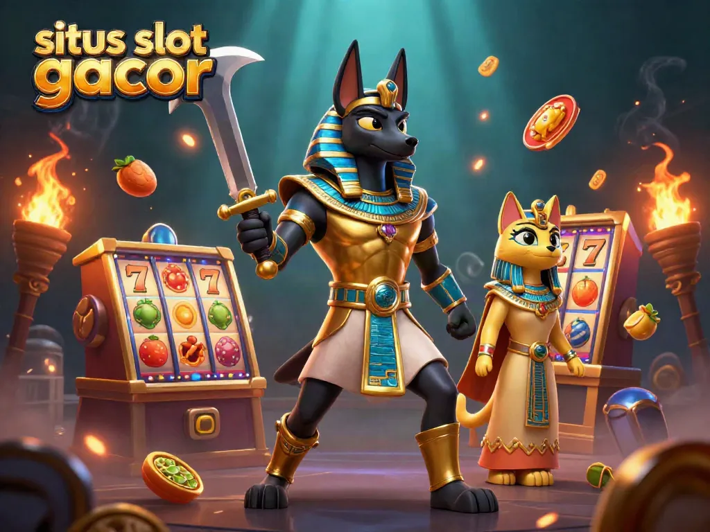 Slot gacor terwarnai dengan karakter Anubis dan Bastet di sekitar mesin slot cerah.