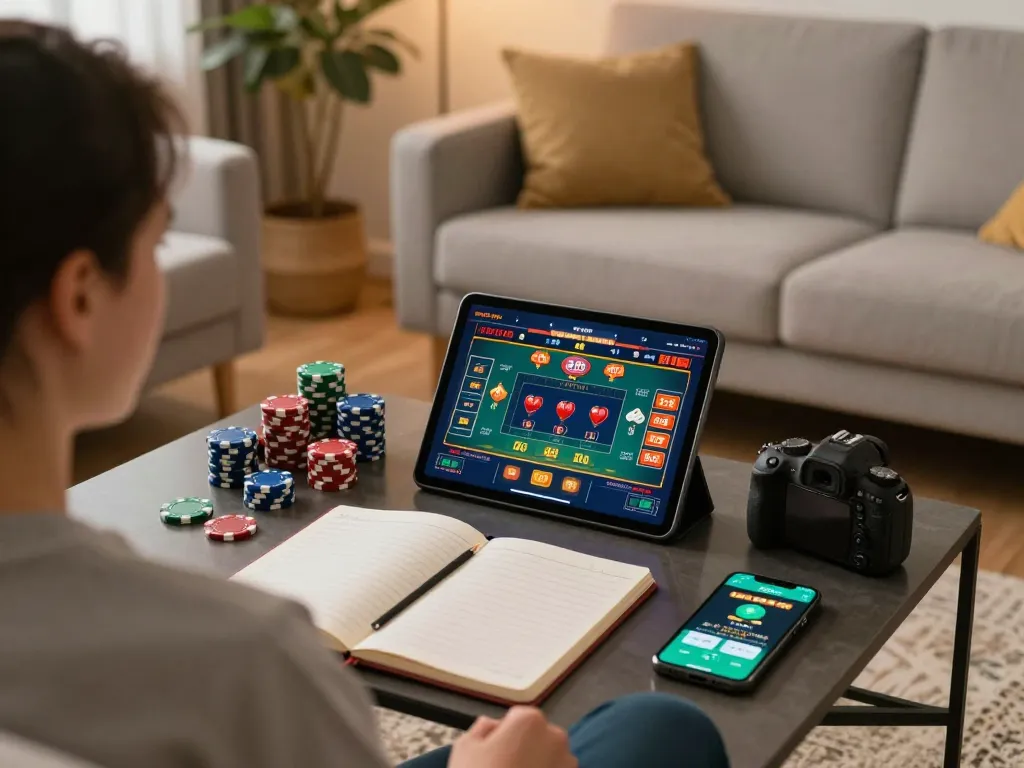 Enjoy ดูหนังออนไลน์ฟรี with a home gaming setup, featuring a tablet, poker chips, and strategy notes for immersive online entertainment.
