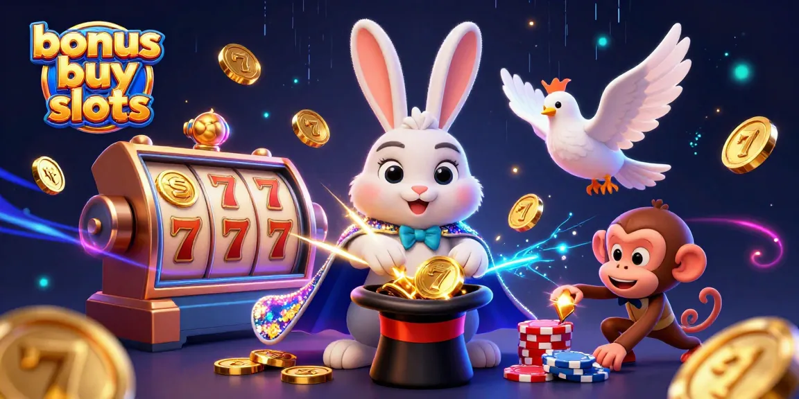 Engage with bonus buy slots as a magical rabbit pulls gold coins, flanked by casino elements.