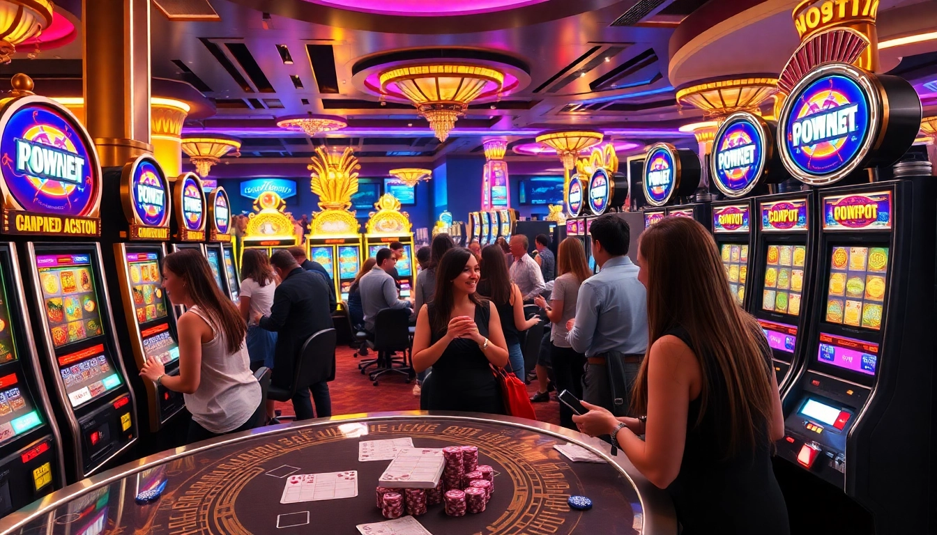 Enjoy thrilling gameplay at POWERNET themed slot machines in a vibrant casino atmosphere.