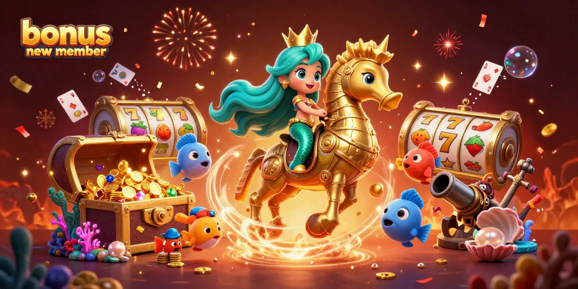 Win big with the bonus new member offer in this colorful 3D casino scene featuring mermaids and treasure.