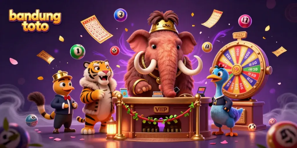Join the fun at bandung toto as a woolly mammoth checks IDs for vibrant lottery excitement!