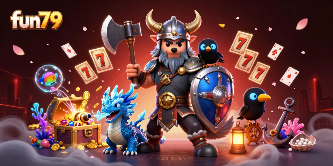 Experience thrilling gameplay at fun79 with a 3D Viking warrior, slot reels, and treasure elements.