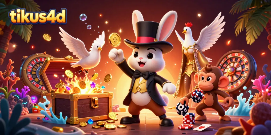 Tikus4d offers thrilling gaming experiences, featuring a magician rabbit, dove, and monkey in a vibrant casino scene.