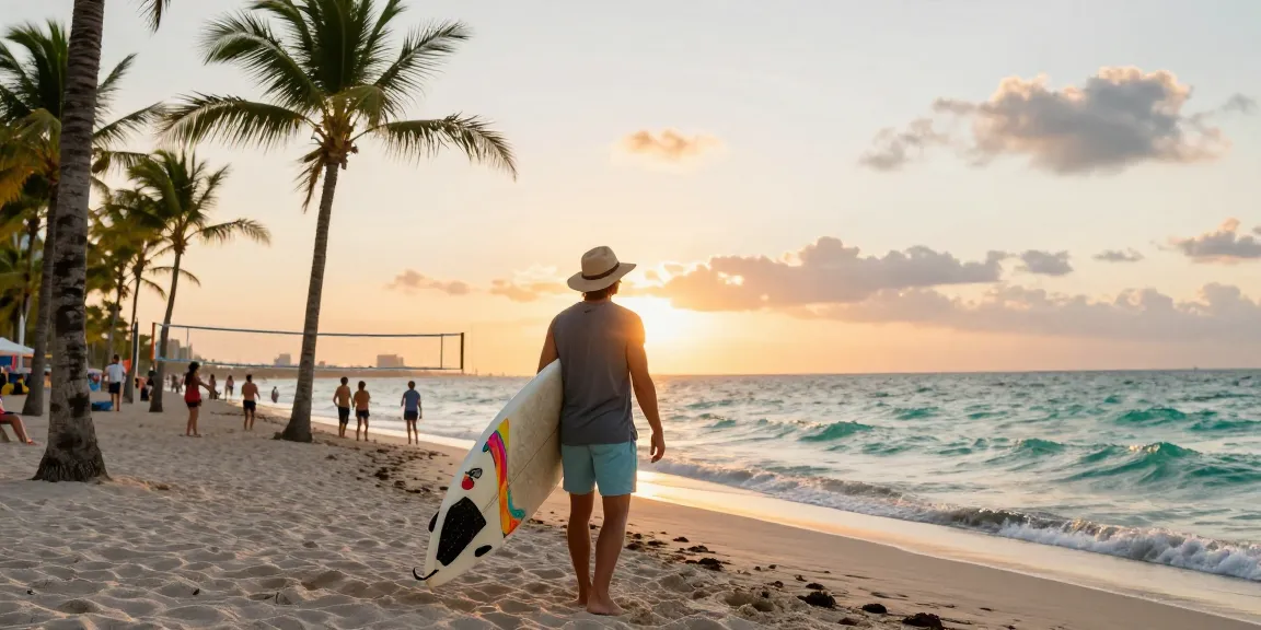 Pengunjung di https://miami4d.com/ menikmati suasana pantai Miami saat matahari terbenam.