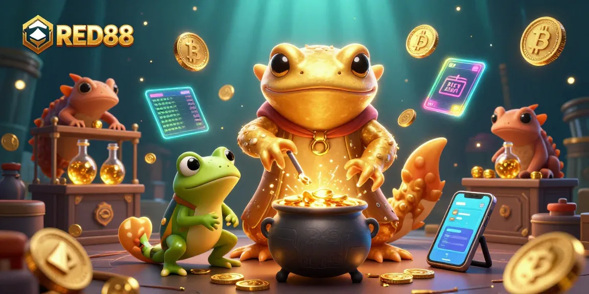 Experience winning dynamics at RED88 with glittering gold and vibrant cryptocurrency elements.