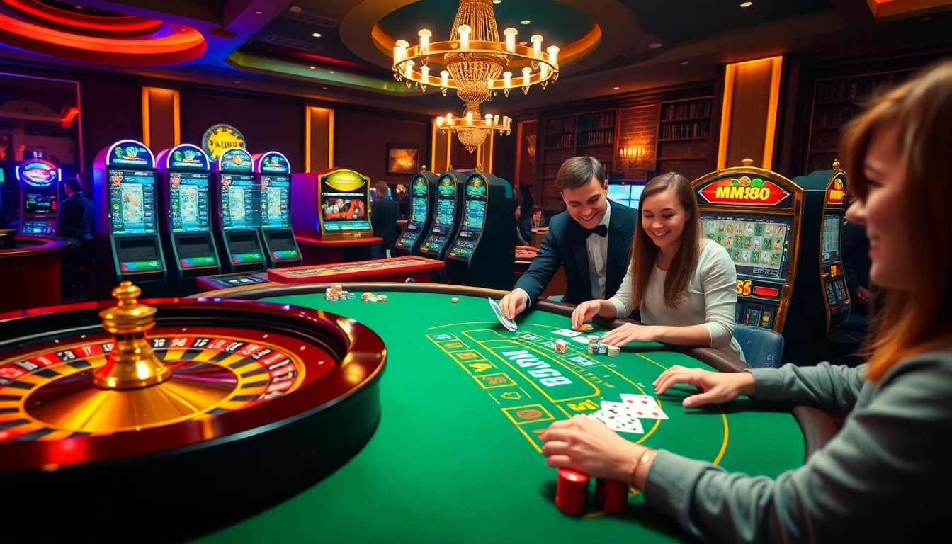 Players enjoying an immersive gaming experience at MM88, featuring roulette, poker, and slot machines.