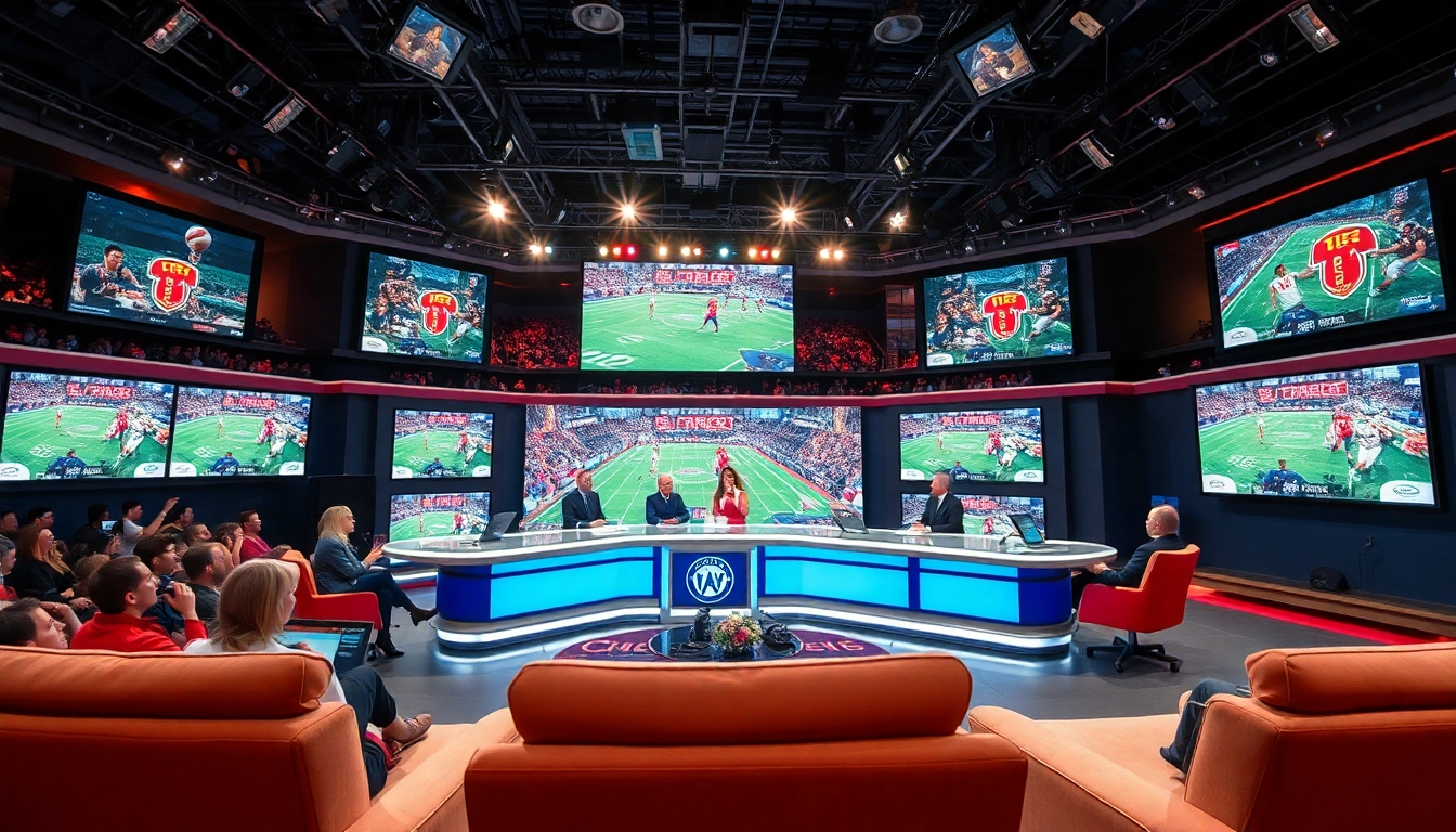 Engaging sports broadcasting setup with hosts discussing live games and a vibrant studio atmosphere.