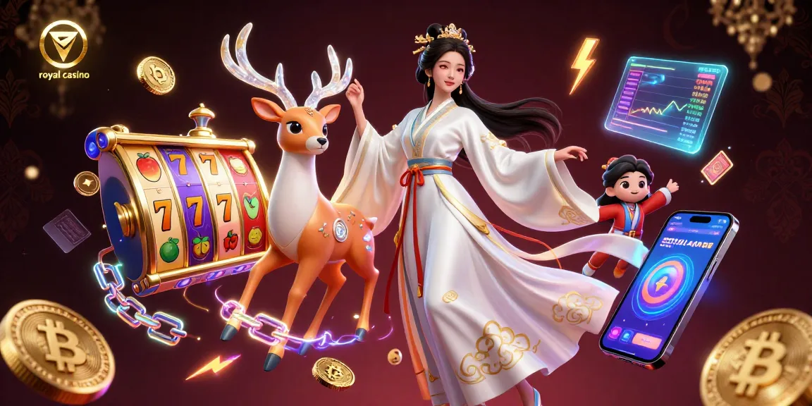 Play dynamic slots at royal casino with a beautiful Asian woman in modern hanfu and crypto elements.
