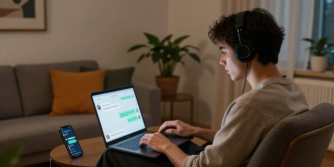 User interacting with an NSFW chat bot on a laptop in a cozy home office setting with ambient lighting and artistic decor.