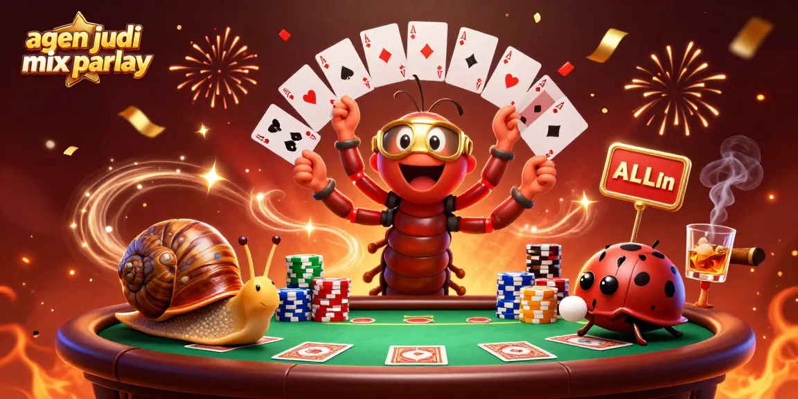Engage with agen judi mix parlay as a snail pushes chip stacks amidst a festive casino scene.