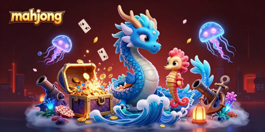 Permainan mahjong yang mengasyikkan dengan ilustrasi naga air 3D yang megah dan penunggang kuda laut.